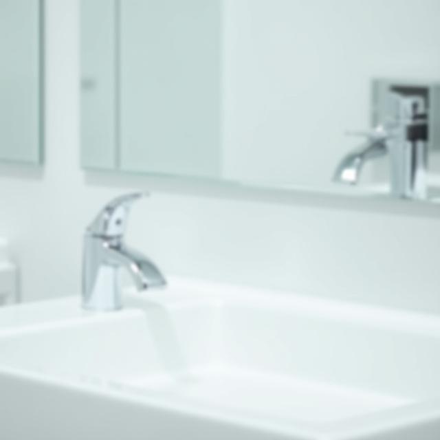 Spotless bathroom mirror reflecting a clean vanity and a shining faucet