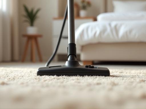 Vacuuming a carpeted bedroom floor